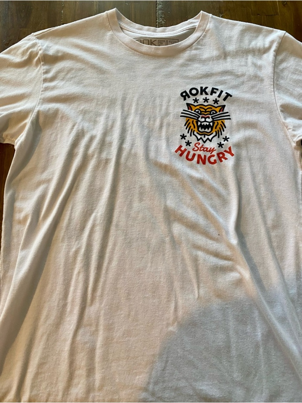 ROKFIT White 'Stay Hungry' Short Sleeve Tee with Tiger Graphic